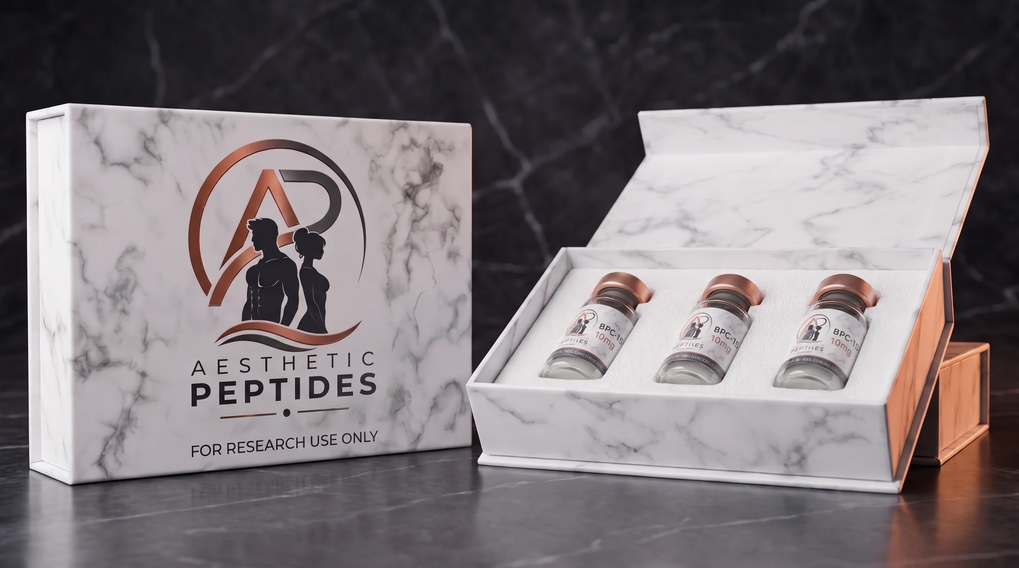 Aesthetic Peptides Verpackung — Marmor-Box mit Vial-Inlay